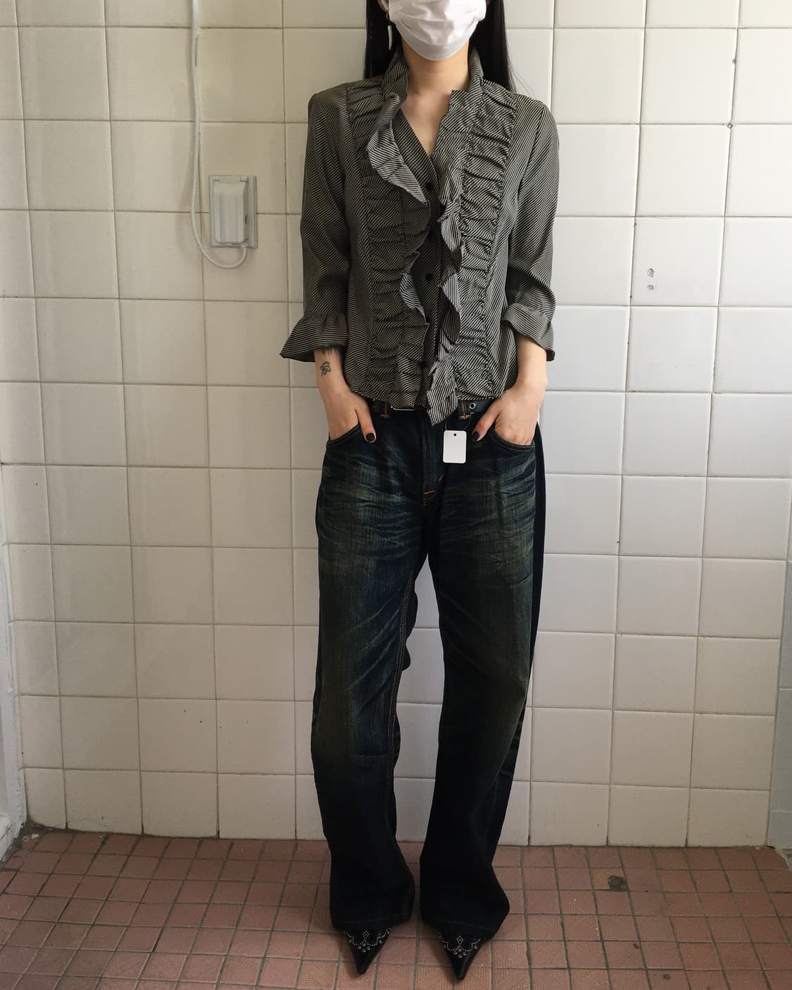 Shirring point stripe pattern blouse 상품이미지7