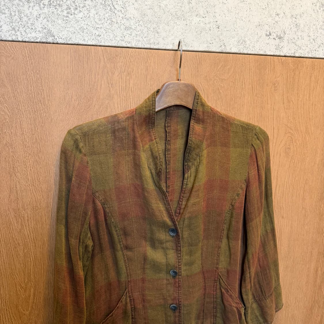 빈티지 린넨 자켓 체크 패턴 7부 슬리브 디테일 카키 브라운 상품이미지3