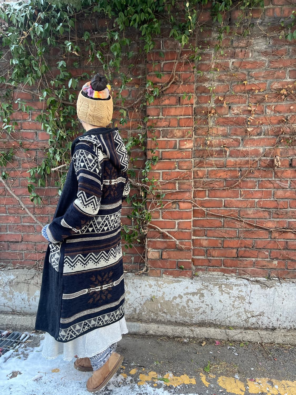 블랙 겨울패턴 후드 롱 코트 상품이미지6