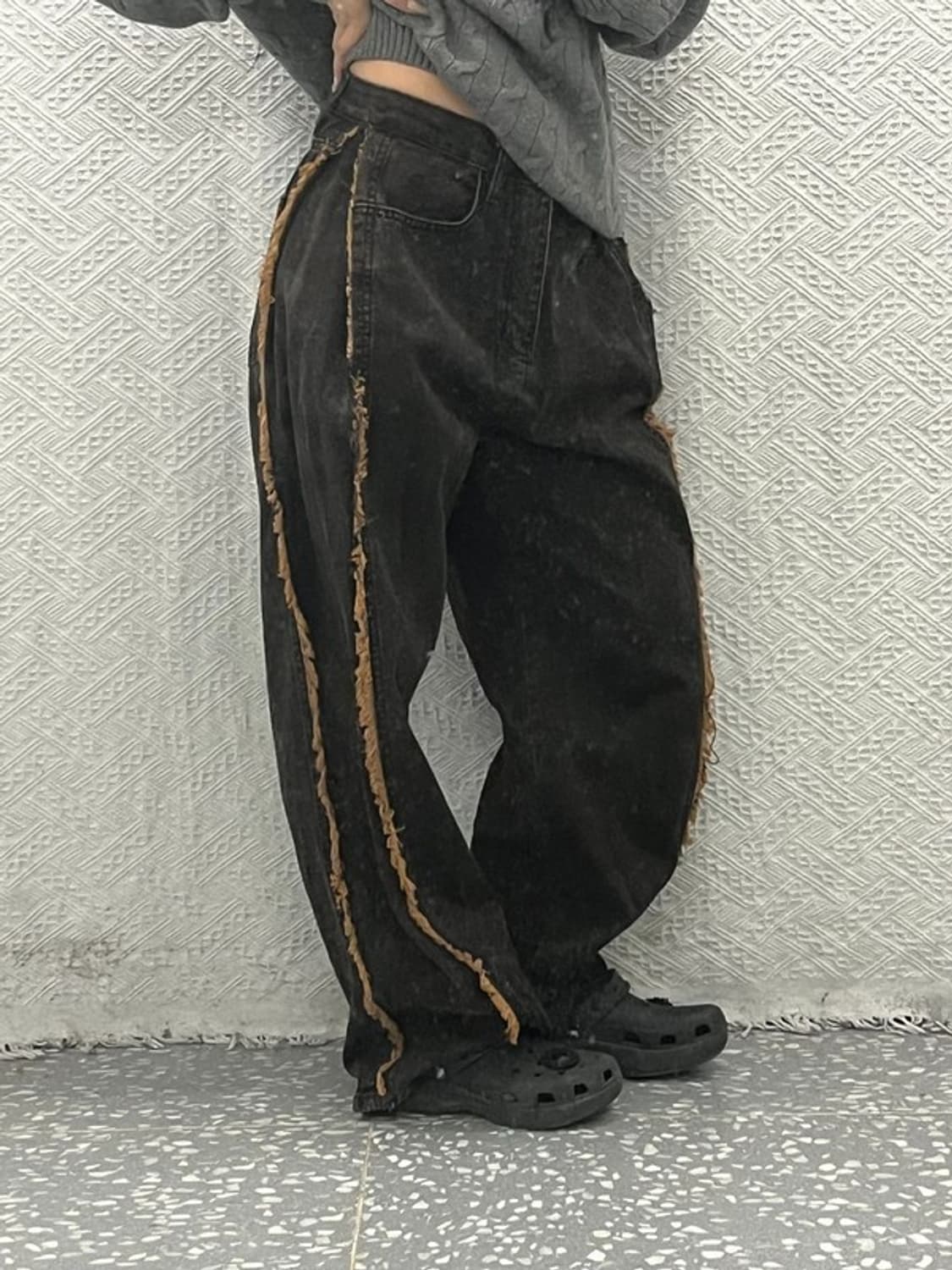 빈티지 테슬 라인 디테일 흑청 와이드 데님 팬츠 28인치 C06428 상품이미지2