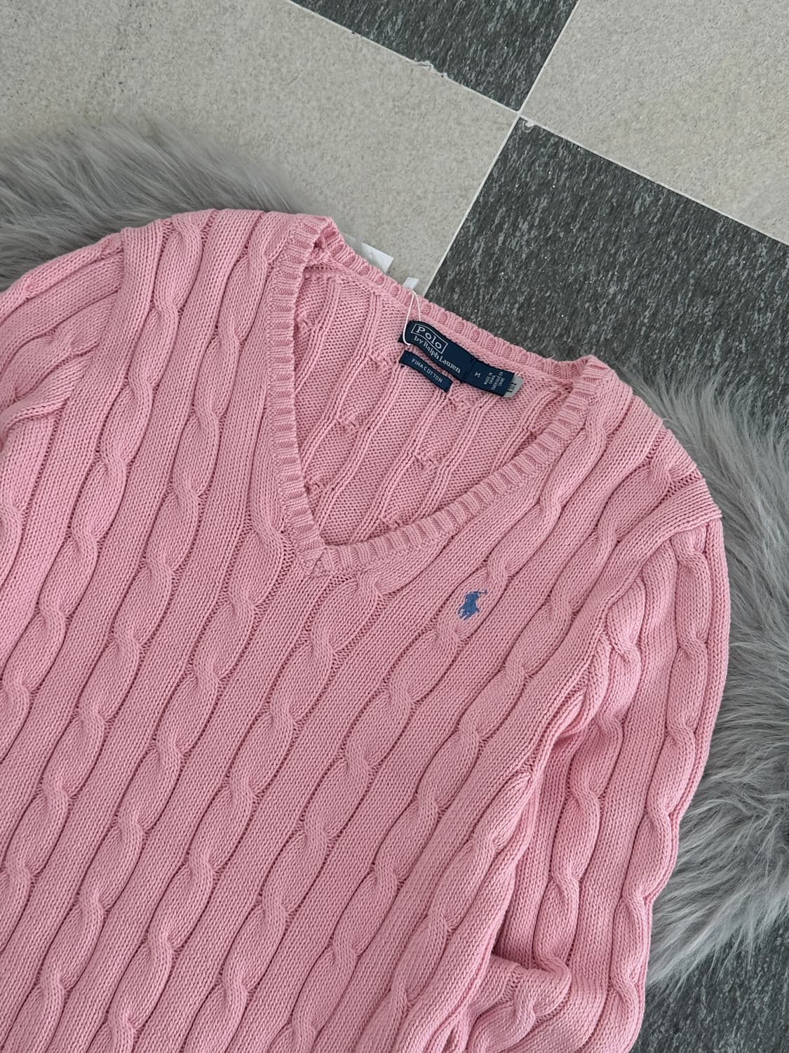 폴로 랄프로렌 연핑크 V넥 피마코튼 케이블 니트  상품이미지7