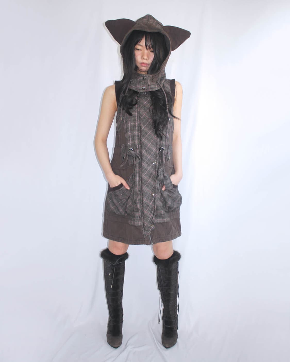 Cat-Ear check 2way grunge zipup onepiece 상품이미지7