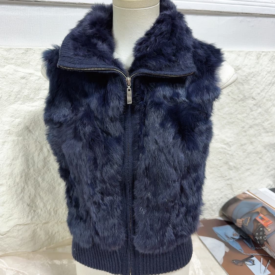 빈티지 네이비 블루 토끼털 울니트 조끼 베스트 상품이미지2