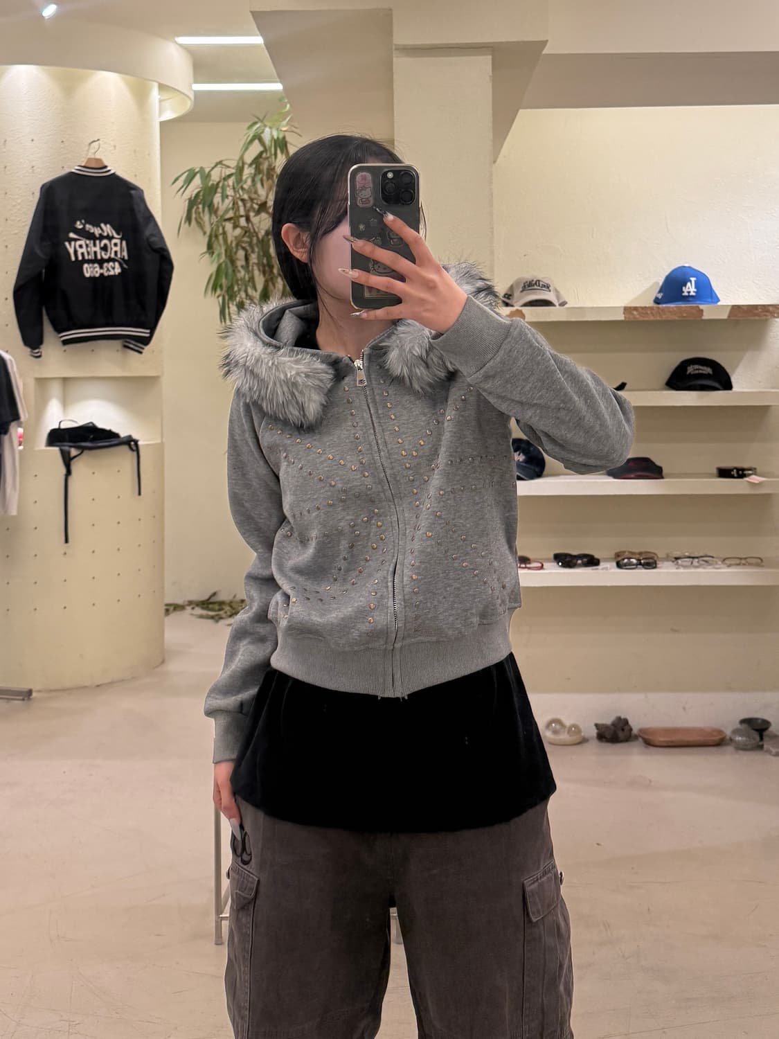 빈티지 퍼 후드집업 그레이 U612 상품이미지1