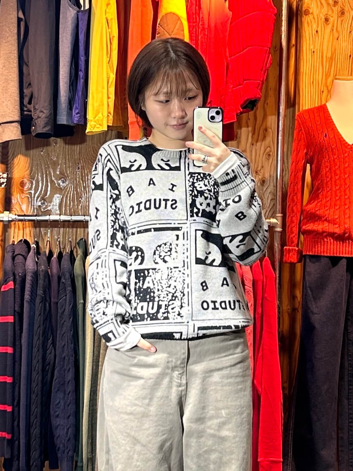 M 오베이 x 아이앱스튜디오 로고 패턴 쿨그레이 니트 상품이미지1