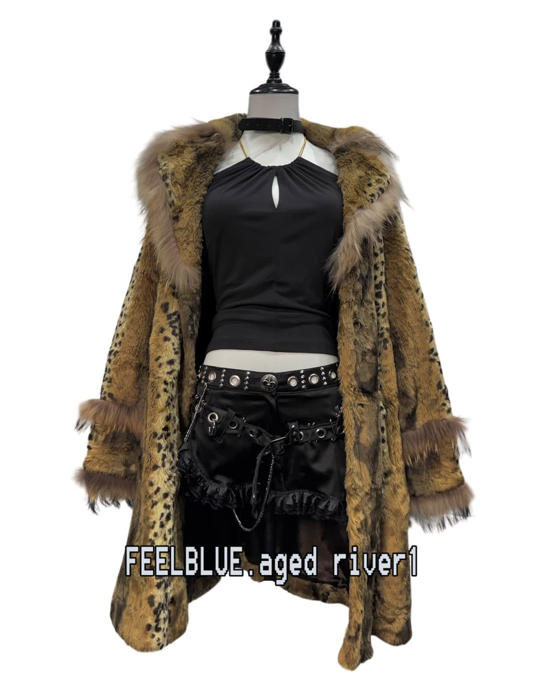 Halter Slip Top Leopard Fur Coat 2pcs 상품이미지1