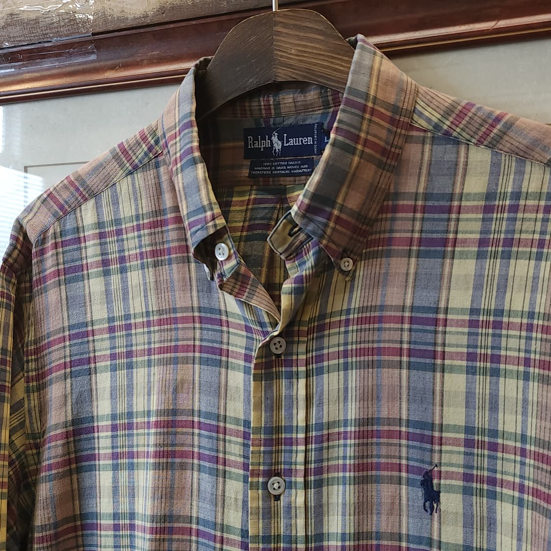 90s 폴로 마드라스 코튼 아메리칸 플란넬 체크셔츠 옐로우 L 상품이미지3