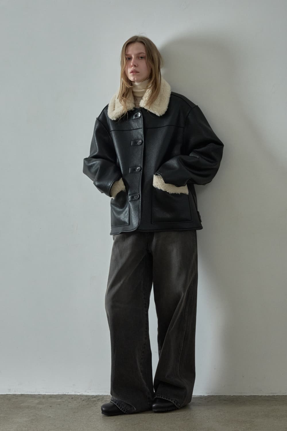 파사드패턴 빈티지 램스울 리버시블 무스탕 - 블랙 S 상품이미지2