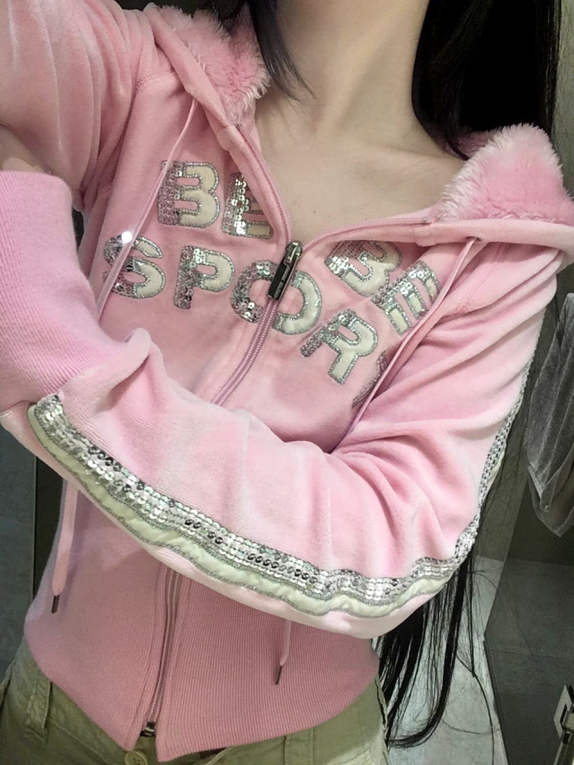 BEBE SPORT 핑크 퍼 후드집업 핀터레스트 갸루 y2k 00s 상품이미지1