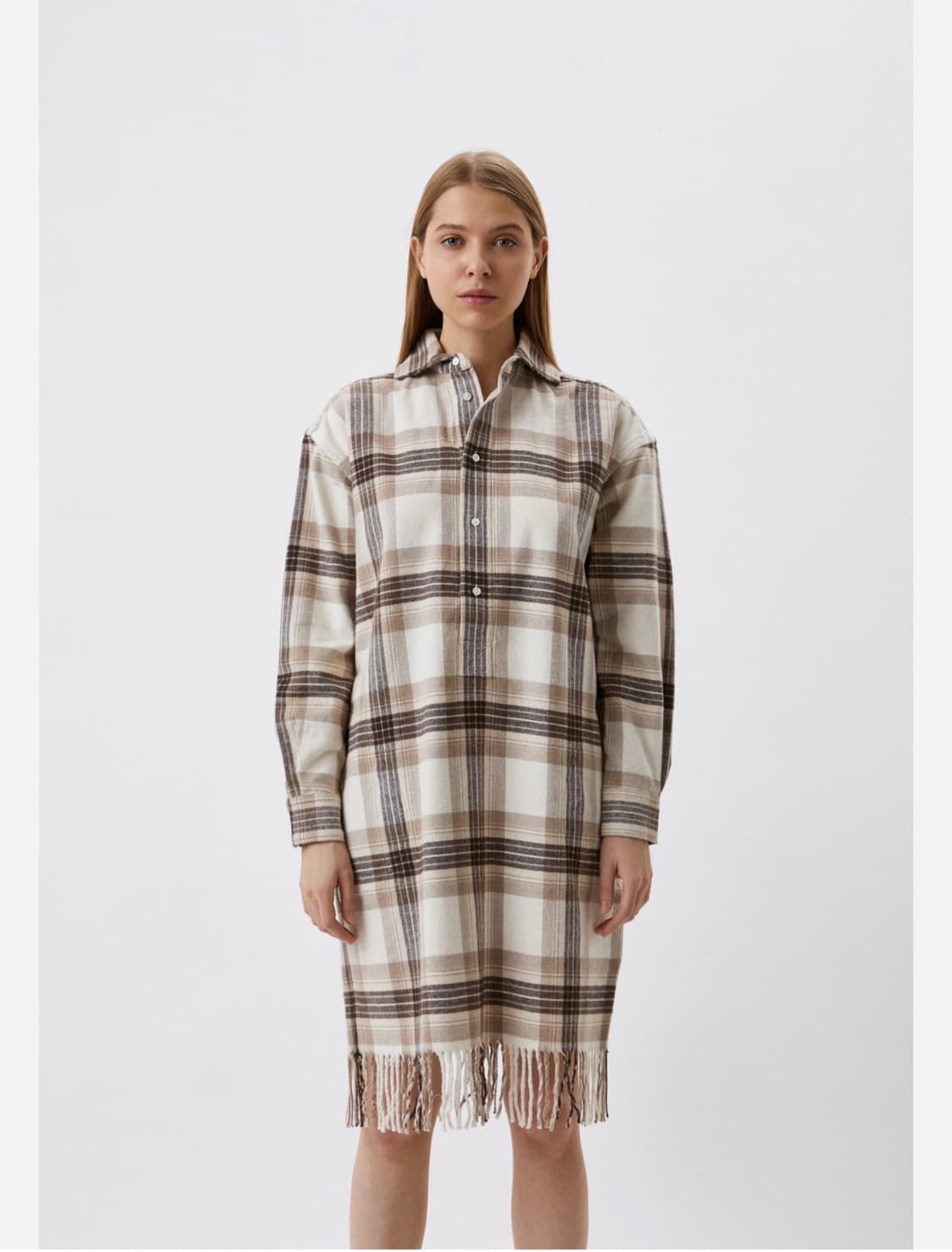 폴로 체크 패턴 롱 셔츠 원피스 프린지 장식 상품이미지7