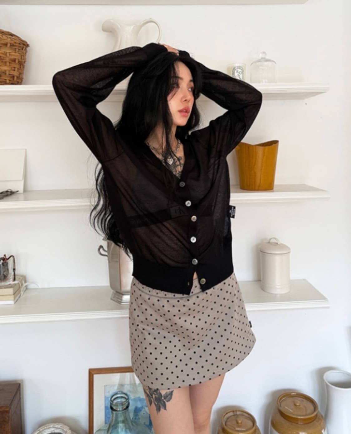 [ONE SIZE] 더 미스테리어스 호텔 시스루 로고 가디건 블랙 상품이미지1