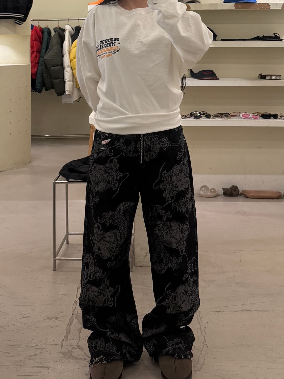 드래곤 패턴 와이드 데님 팬츠 U846 상품이미지1