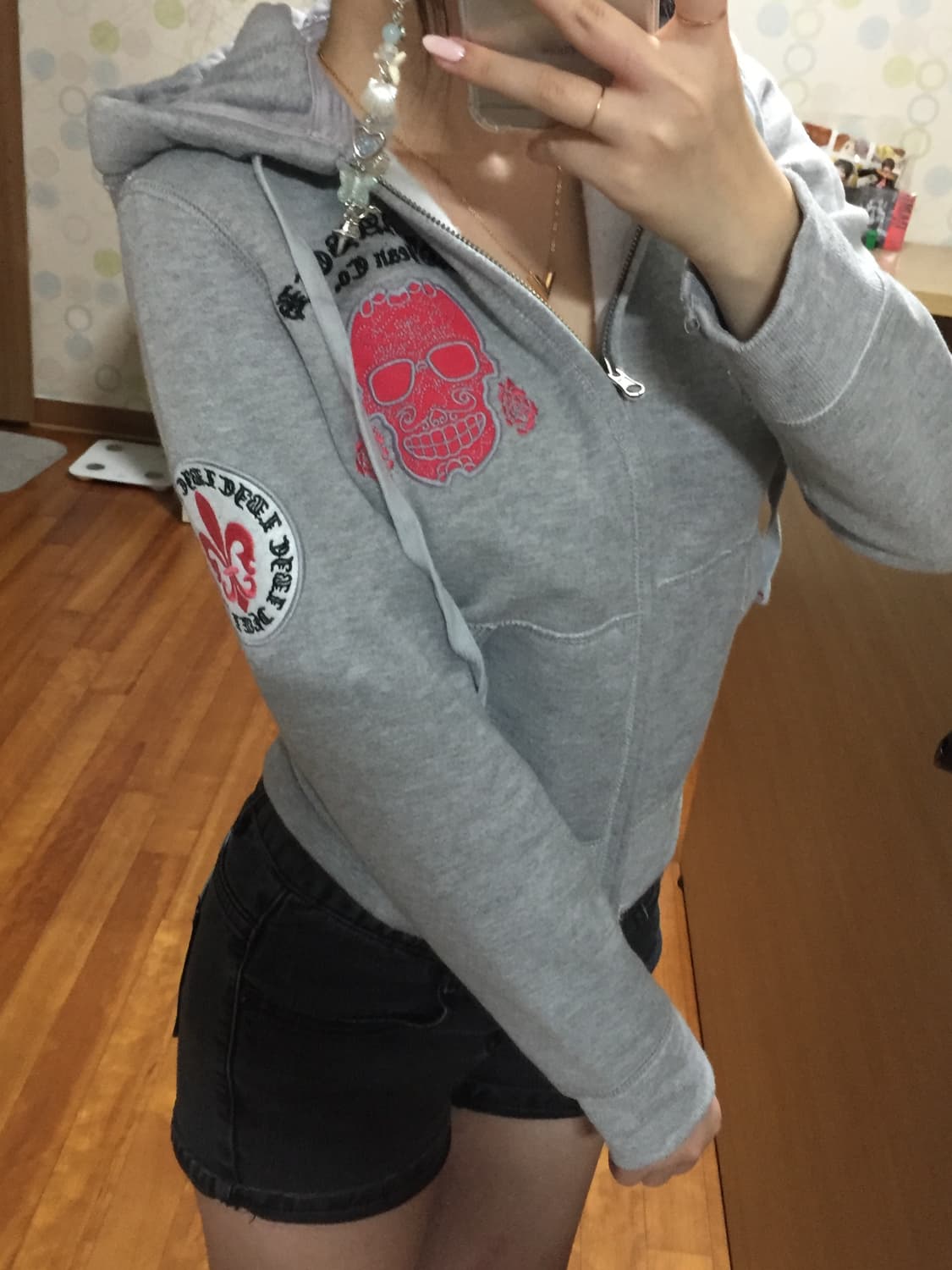 해골 자수 펑크 그레이 후드집업 상품이미지2