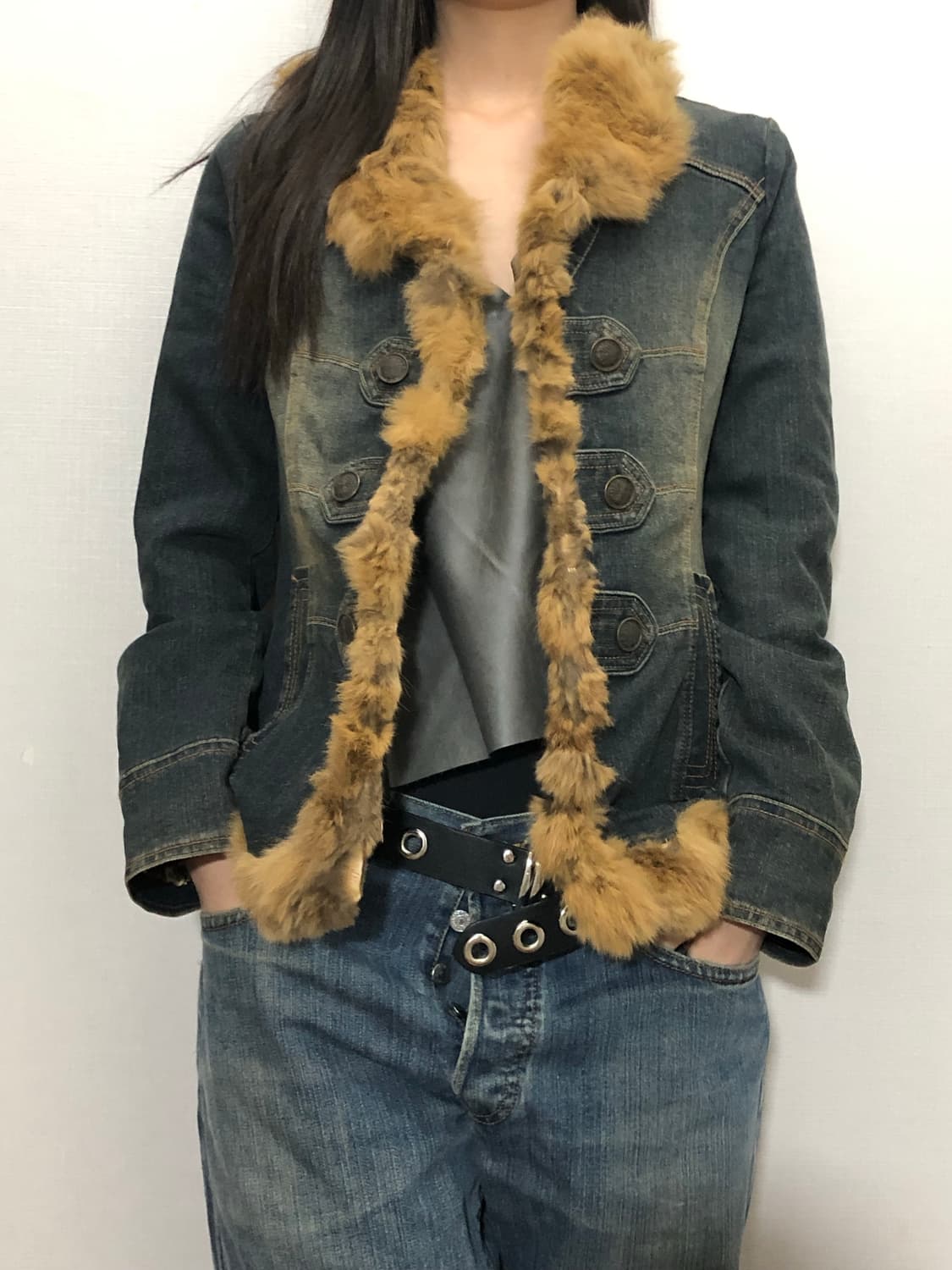 빈티지 브라운 래빗 퍼 데님 자켓 상품이미지1