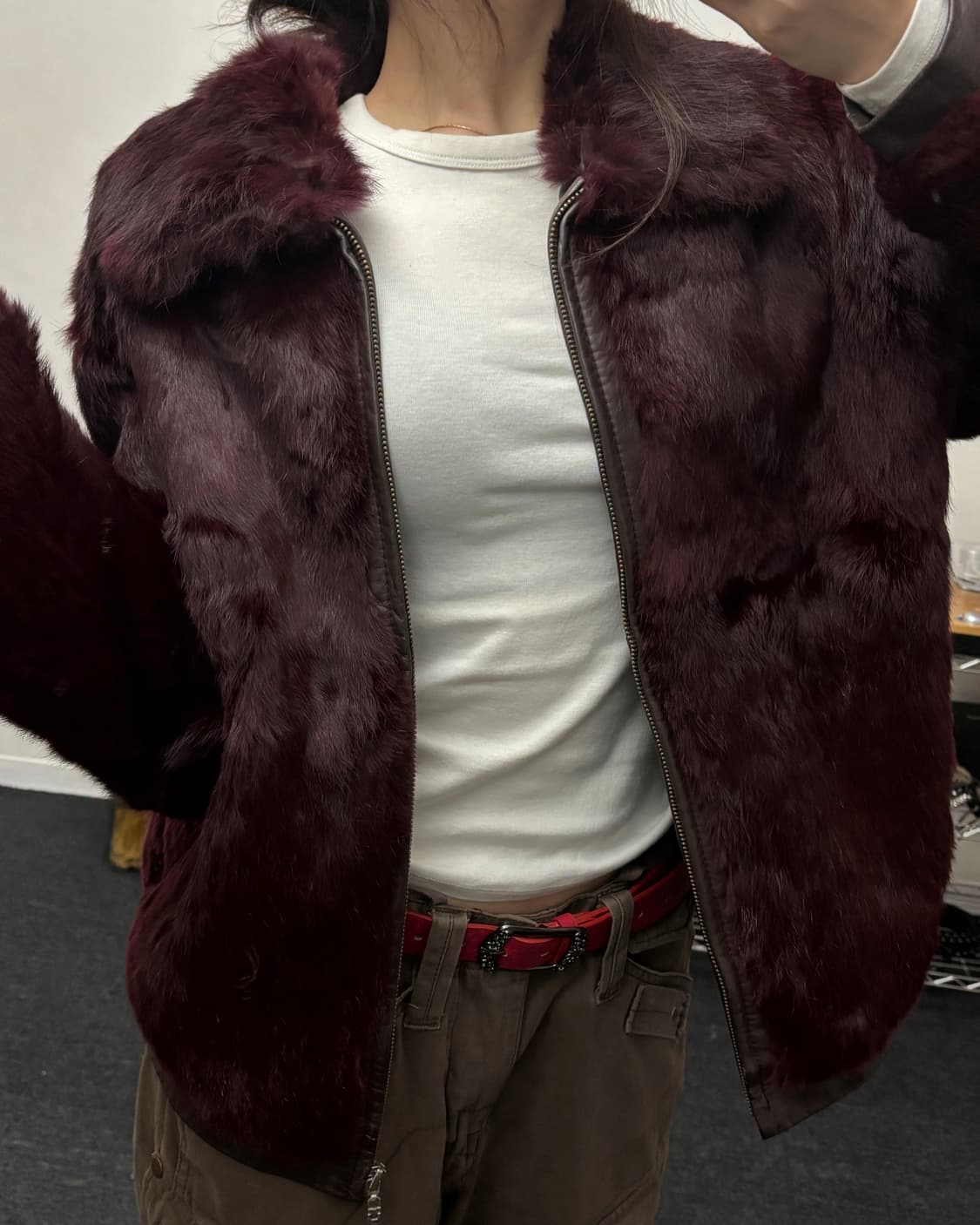 올드 빈티지 버건디 리얼 래빗 퍼 레더 자켓 상품이미지2