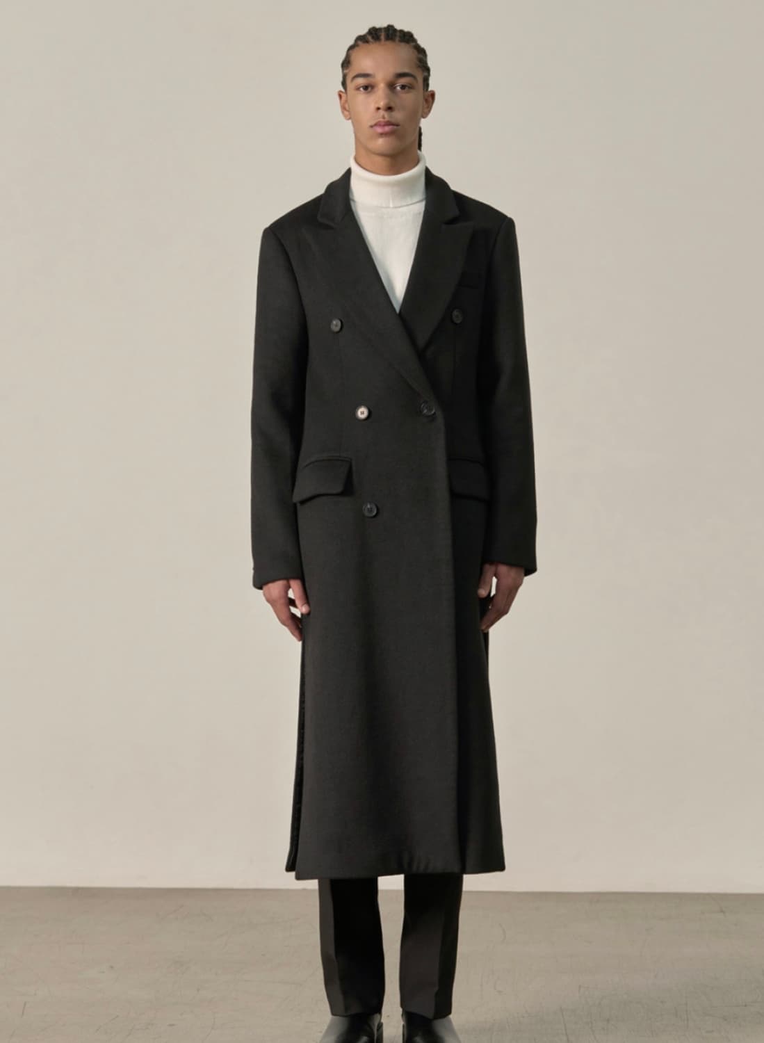 효지 엑스트라 롱 더블 트임 코트 BLACK 상품이미지1