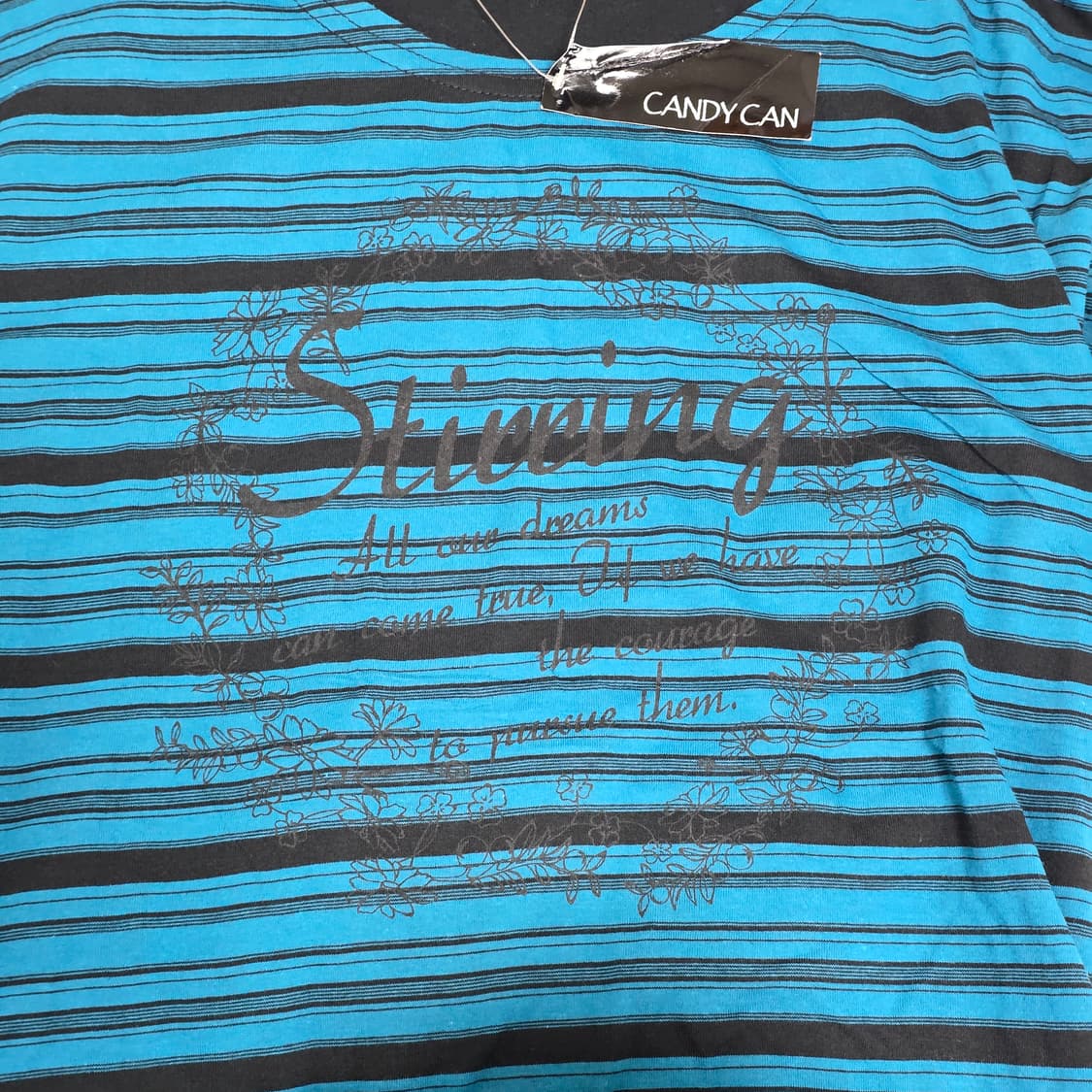 일본빈티지)블루x블랙 y2k 오네갸루 스트라이프 프린팅 가오리핏반팔티셔츠 상품이미지2