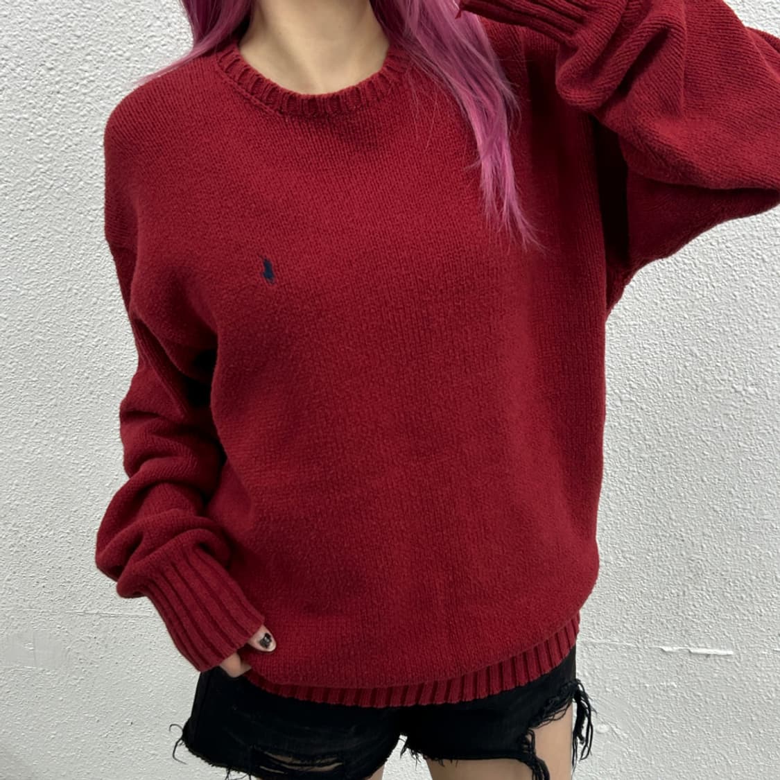 폴로 랄프로렌 90's 네이비포니 딥레드 꽈배기 헤비울 니트 105 상품이미지1