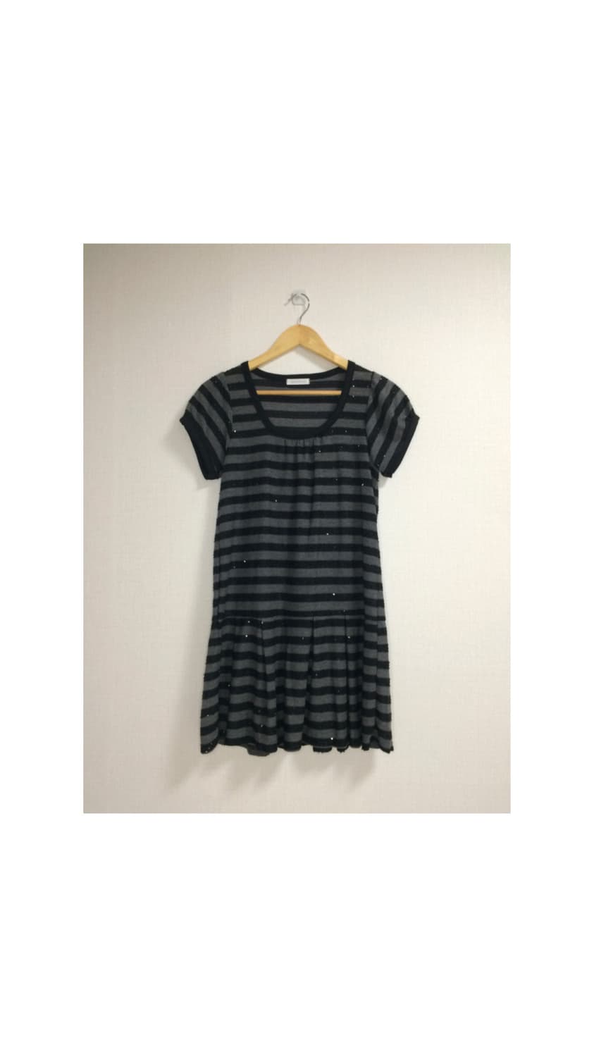 빈티지 블랙 차콜 스트라이프 스팽글 반팔 튜닉 원피스 상품이미지2
