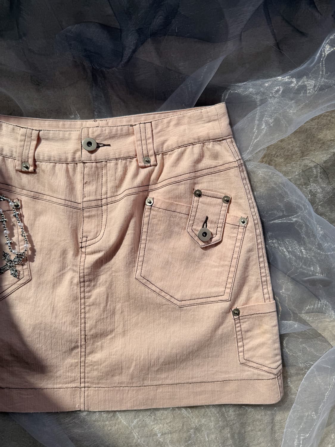 Brown Stitched Pink Mini Skirt 0155 상품이미지2