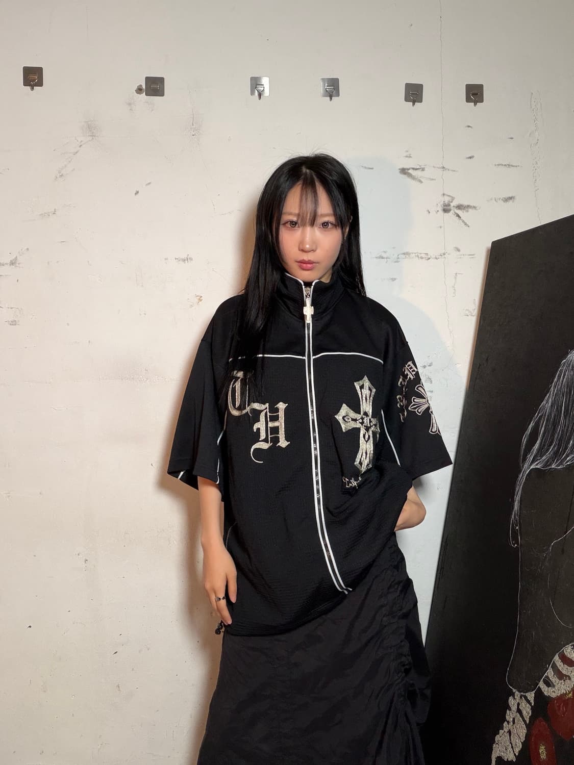 JPN 일본 빈티지 고딕풍 십자가 프린팅 오버핏 반팔 져지 집업  상품이미지1