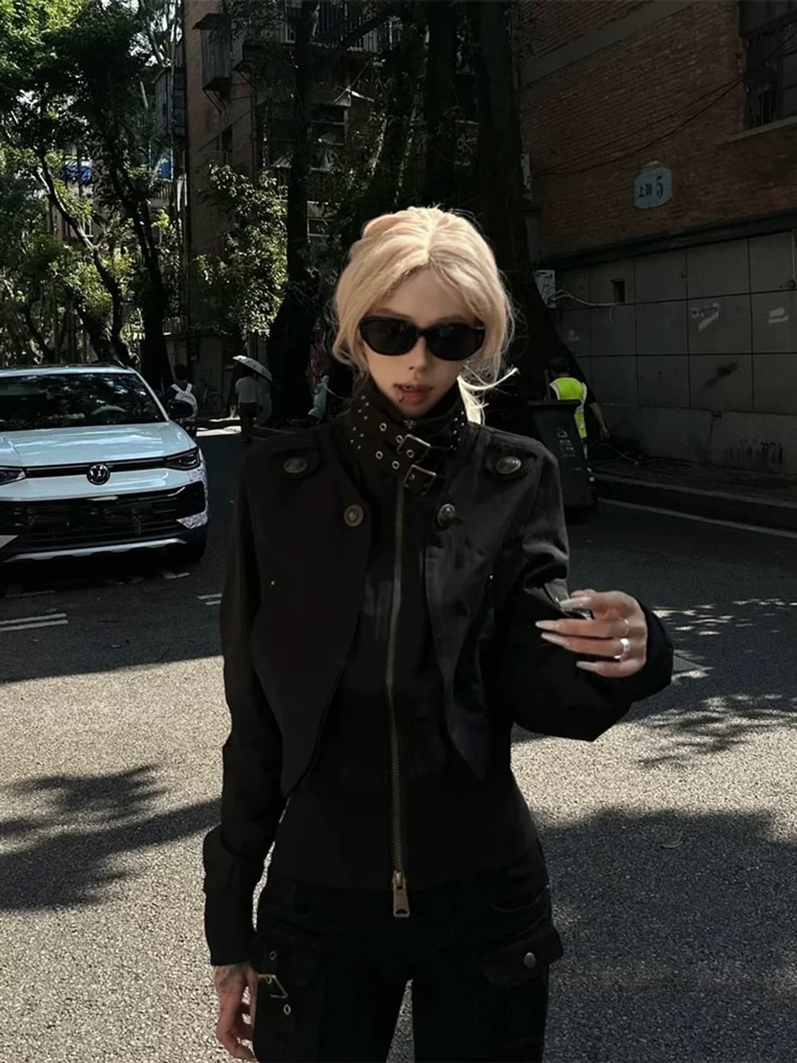 하이넥 버클 크롭 바이커 자켓 상품이미지1