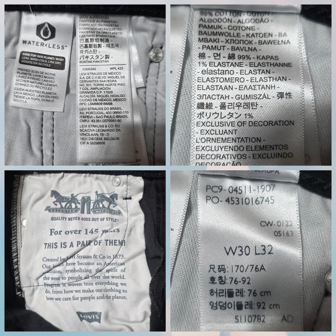 [새상품/W30 L32 ] 리바이스 511 슬림핏 블랙진 상품이미지7