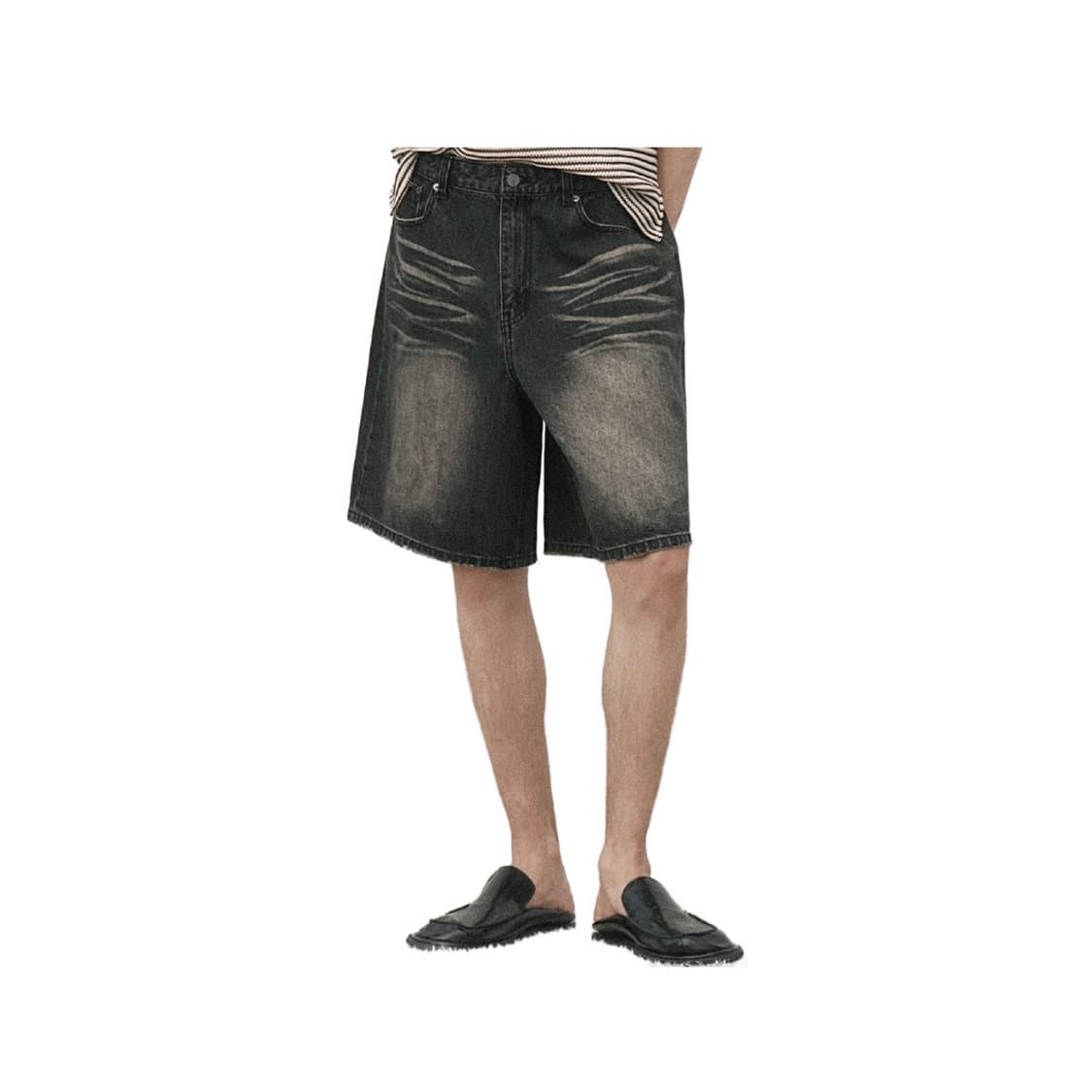 (1회착 택포가격) 노이어 캣워싱 와이드 버뮤다 데님 팬츠 블랙 50 상품이미지1