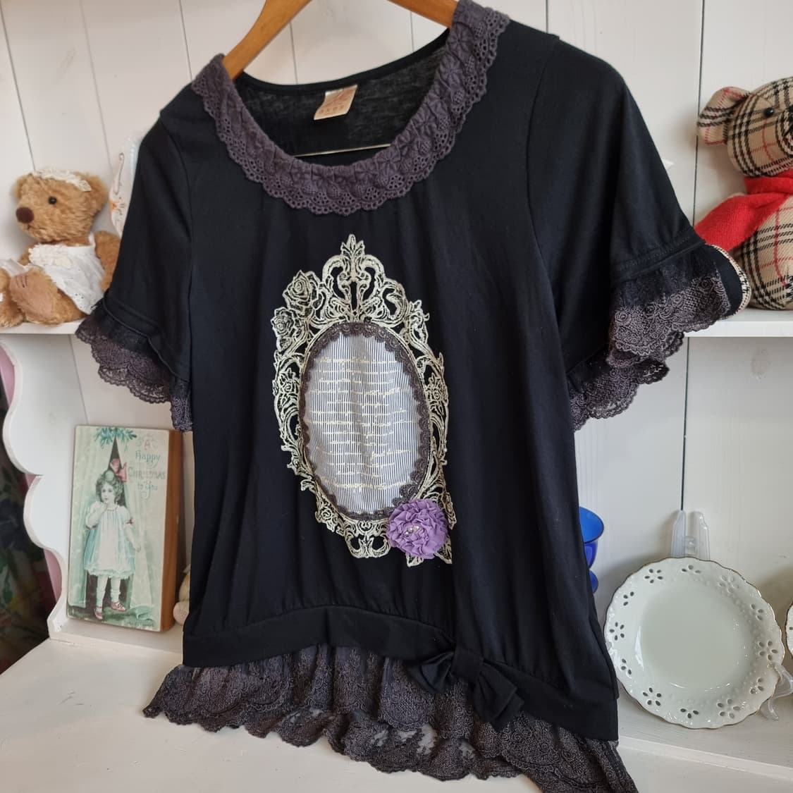 axes femme 레이스 블랙 반팔 블라우스 상품이미지4