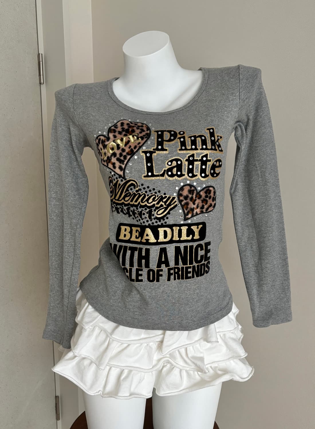 그레이 레오파드 퍼 하트 큐빅 레터링 티셔츠 갸루 y2k 상품이미지3