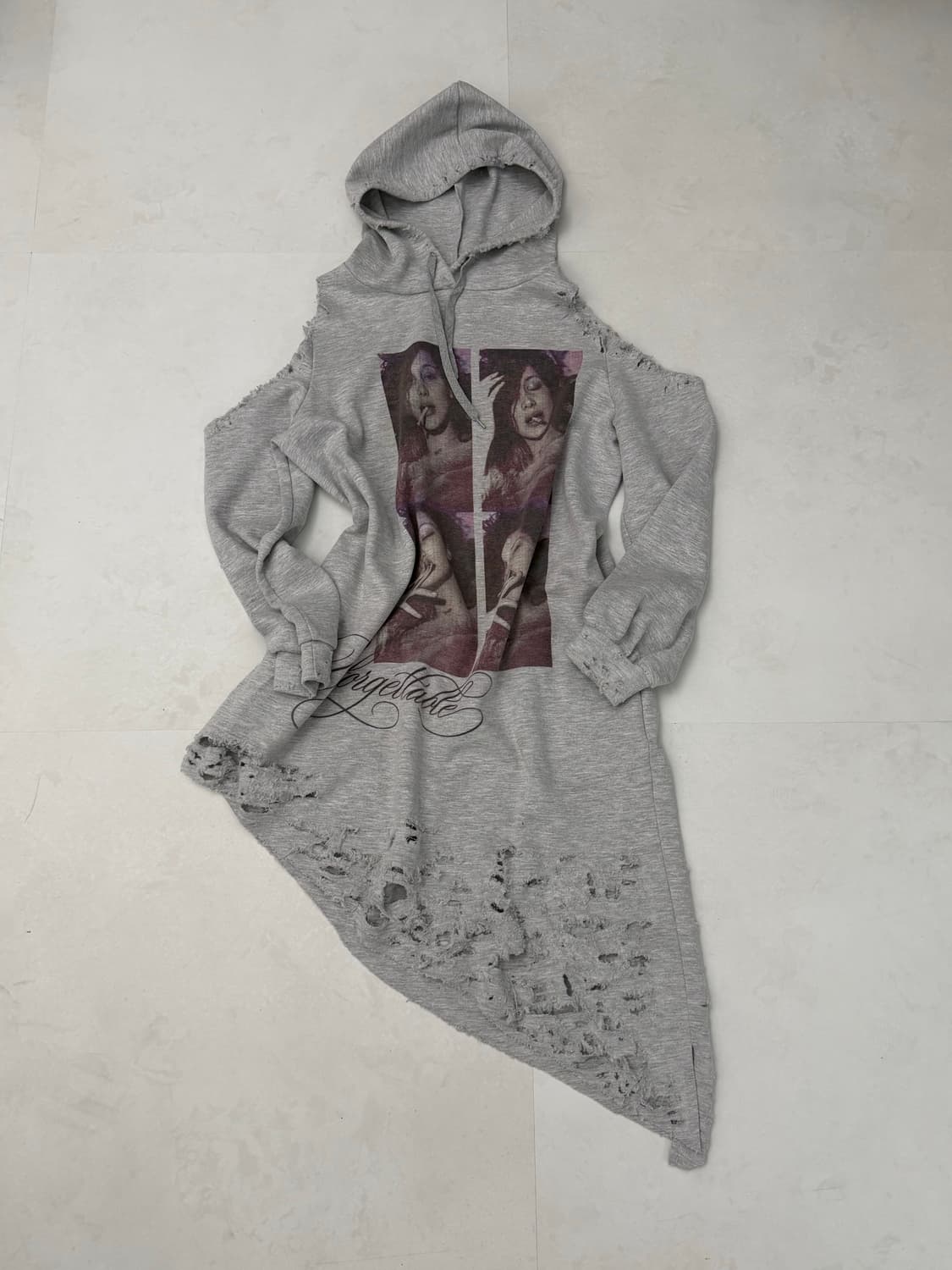 디스트레스 그레이 언발 후드 원피스  상품이미지3