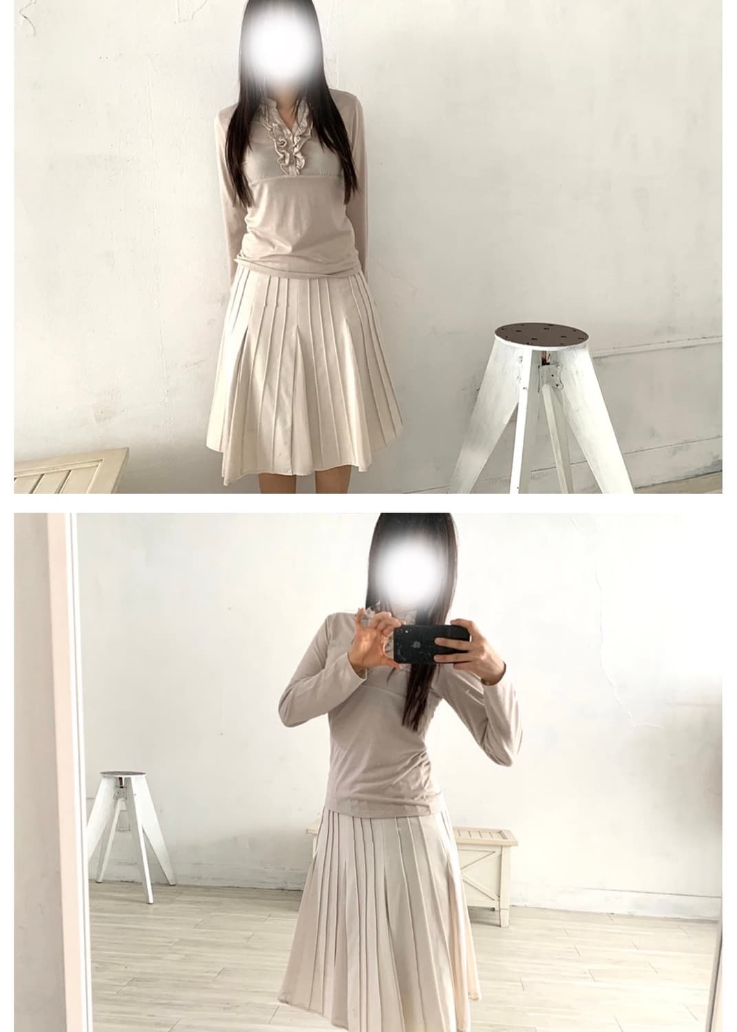 Nude beige chiffon pleated midi skirt 상품이미지2