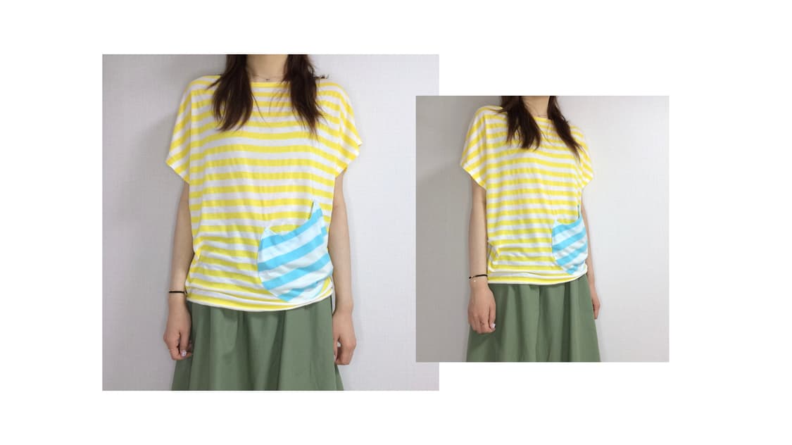 츠모리 치사토 옐로우 스트라이프 캣 포케 티셔츠 상품이미지1