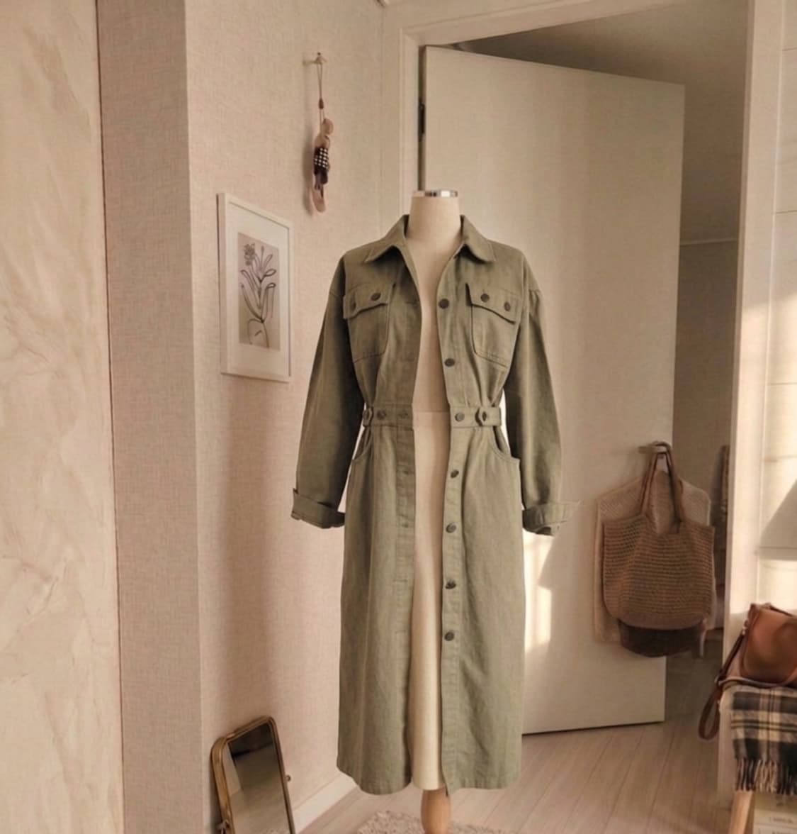 세련된 카키 코튼 롱 원피스 / 자켓 겸용 (허리라인 조절 가능) 상품이미지1