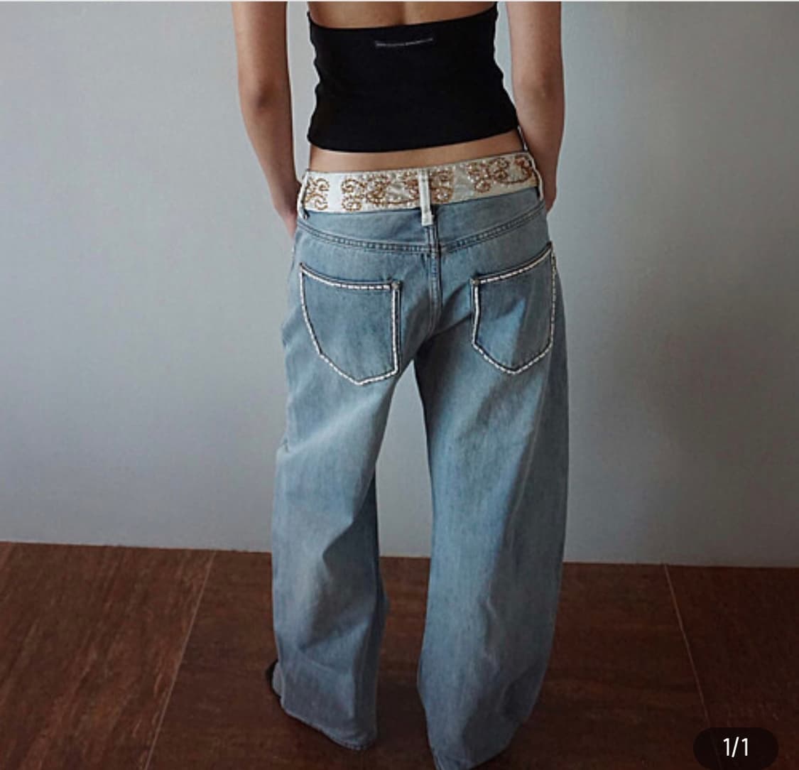 Beaded Waist Denim Pants Mid Blue S 상품이미지1