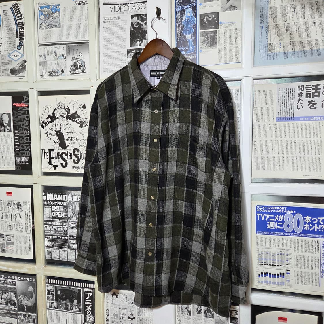 일본 빈티지 카키 그레이 아메카지 체크 셔츠 상품이미지2