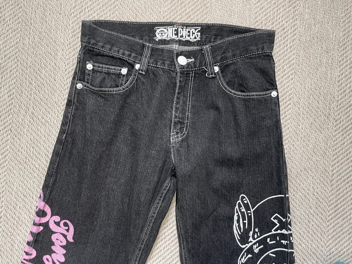 원피스 프린팅 밑단 체크 쵸파 데님 팬츠 J04092 상품이미지4