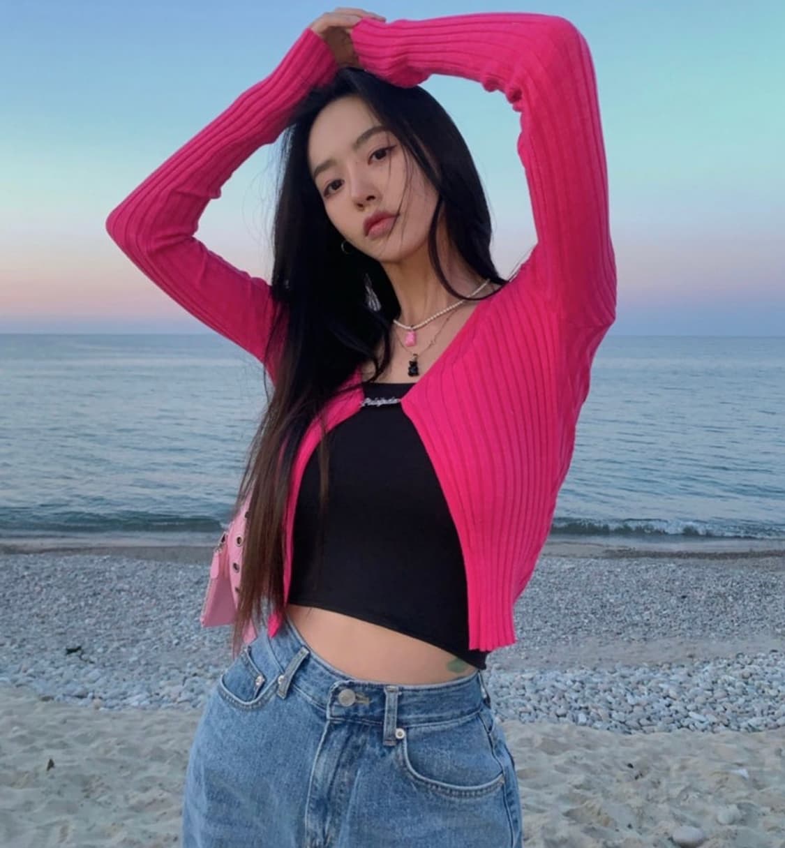 페일제이드 펜던트 니트 골지 가디건 베이비블루/핑크 쓰리타임즈포어링갸루 상품이미지3