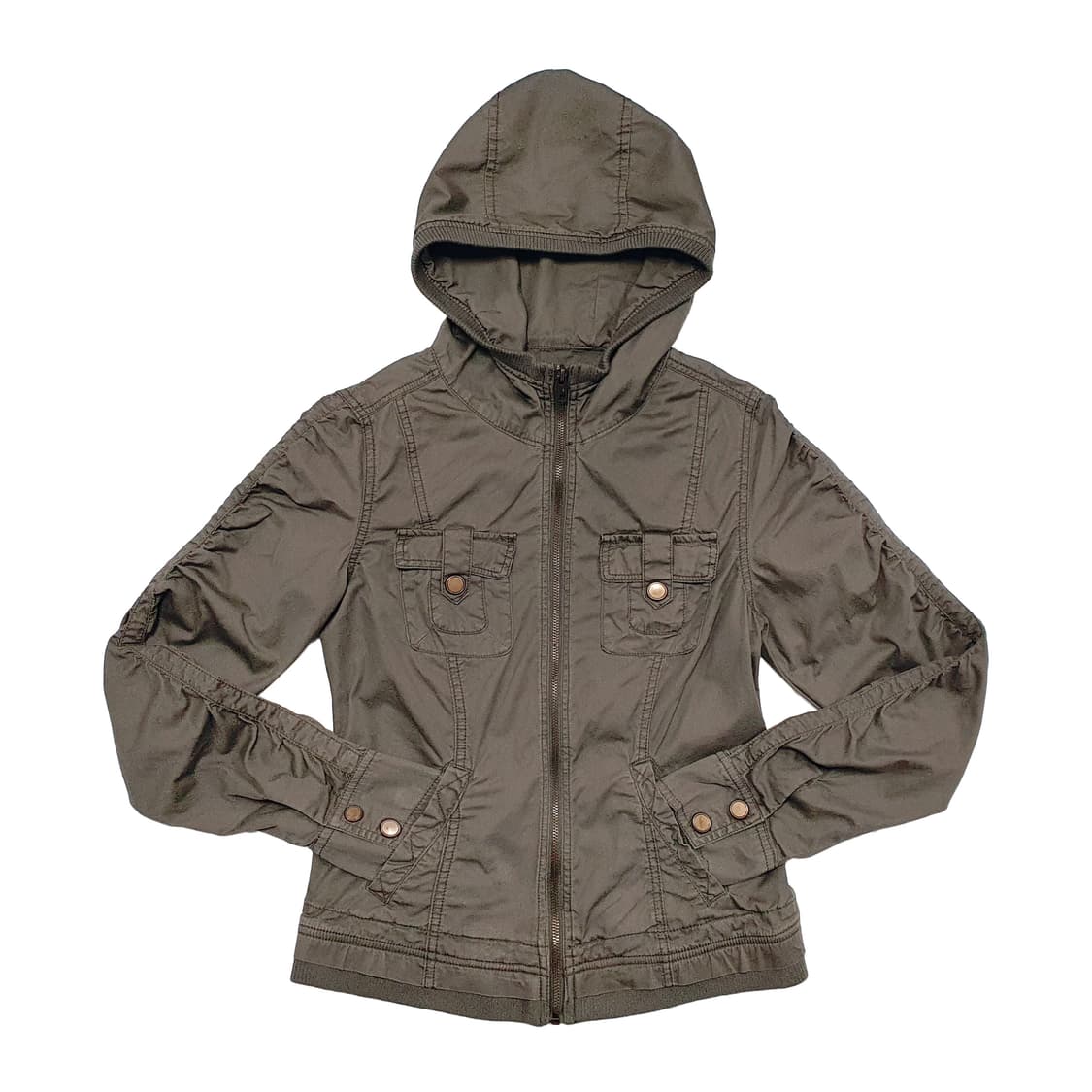 소매 셔링 포켓 숏 후드 야상 점퍼 카키 상품이미지2