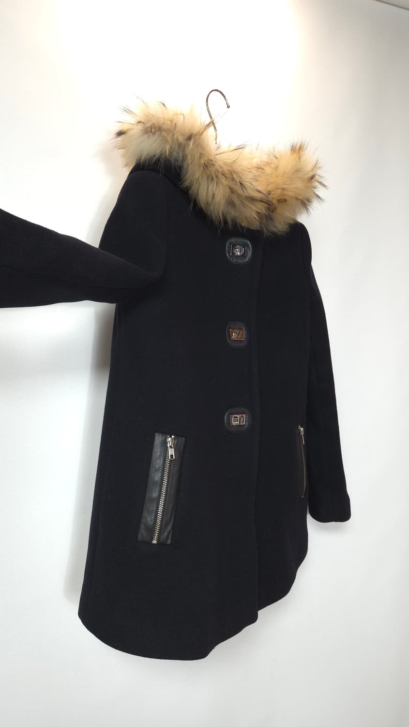 산드로 라쿤퍼 후드 양가죽 배색 울코트 36 사이즈 상품이미지3