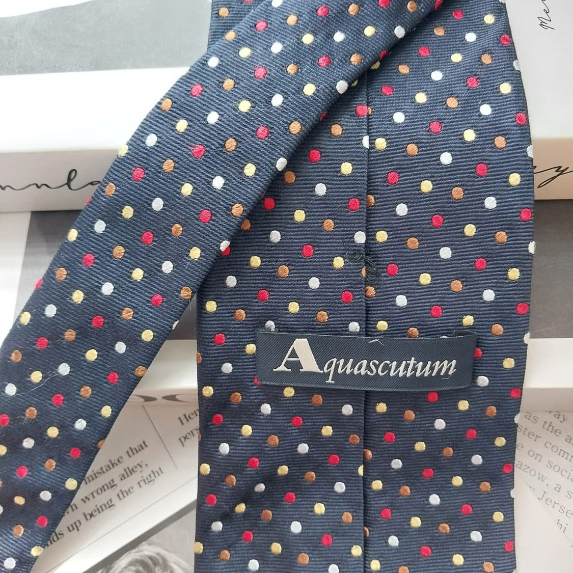 아쿠아스큐텀 실크 네이비 도트 패턴 넥타이 9.7cm A등급 K2572 상품이미지5