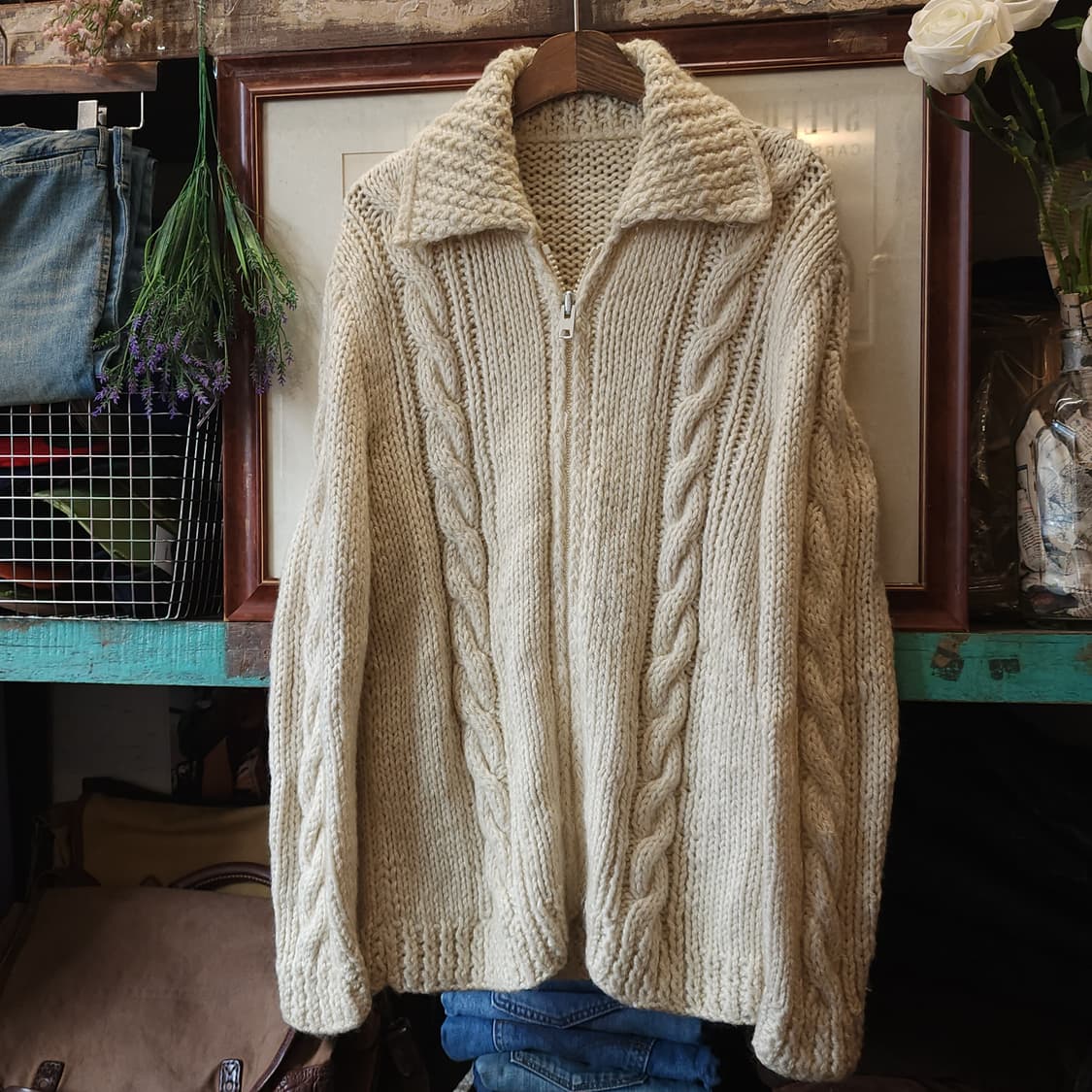 90s 프렌치 핸드메이드 울 가디건 코위찬 헤비울 스웨터 집업 가디건 상품이미지2