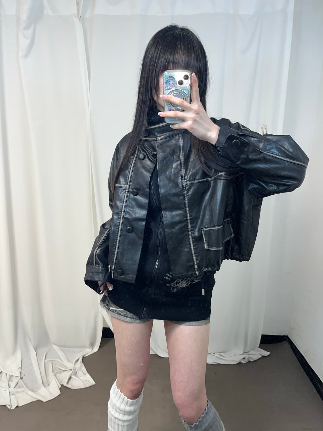 블랙 워싱 버튼 레더 자켓 상품이미지1