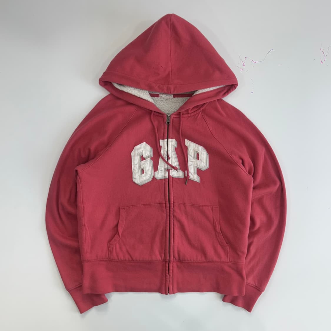 Gap 갭 화이트 로고 레드핑크 퍼 안감 후드집업 상품이미지3