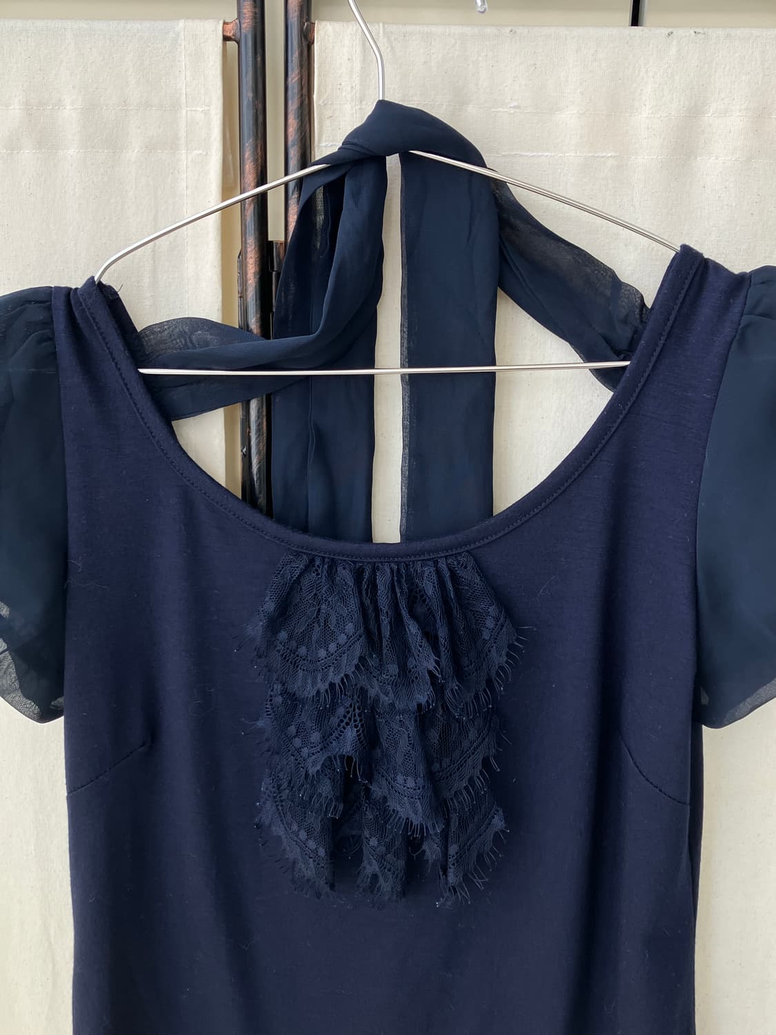 navy lace shirring ribbon half blouse 상품이미지6