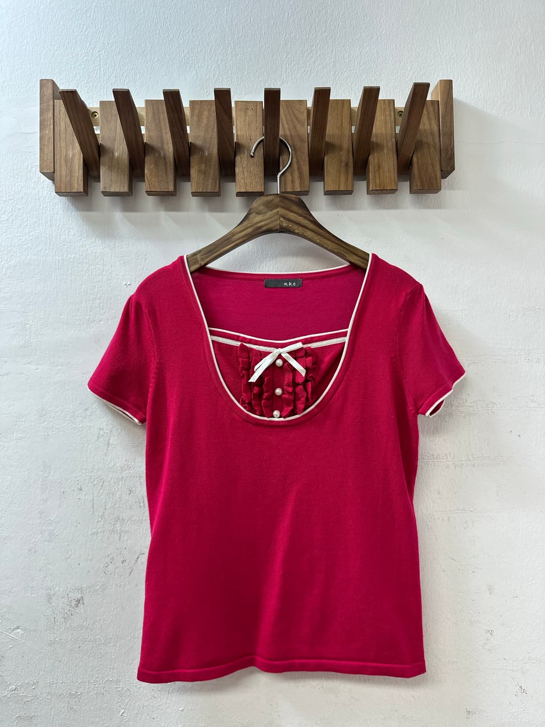 일본빈티지 핑크 레이어드 리본 프릴 펄 디테일 반팔 티셔츠 상품이미지1