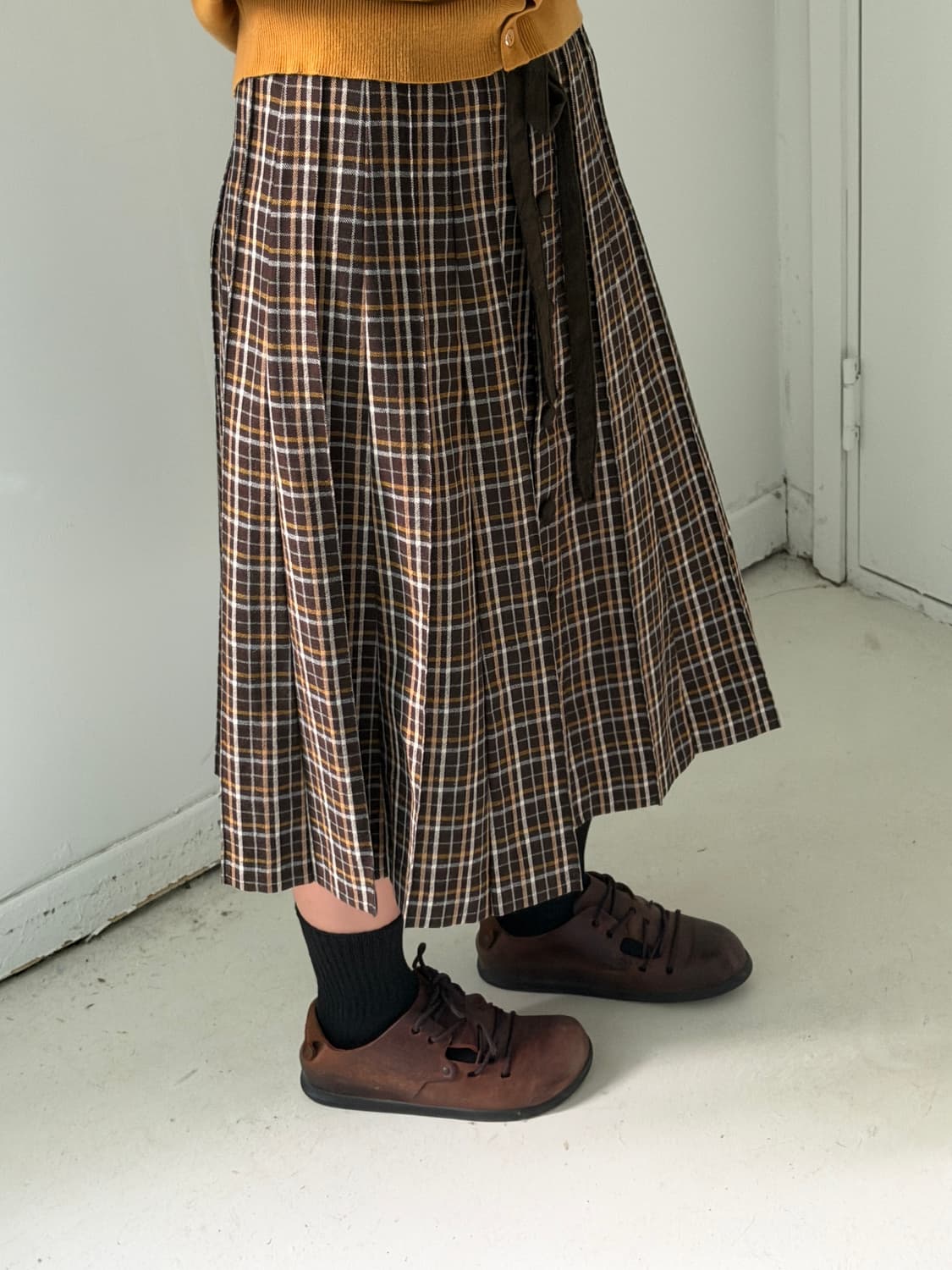 일본빈티지 브라운 체크 울 미디스커트 상품이미지1