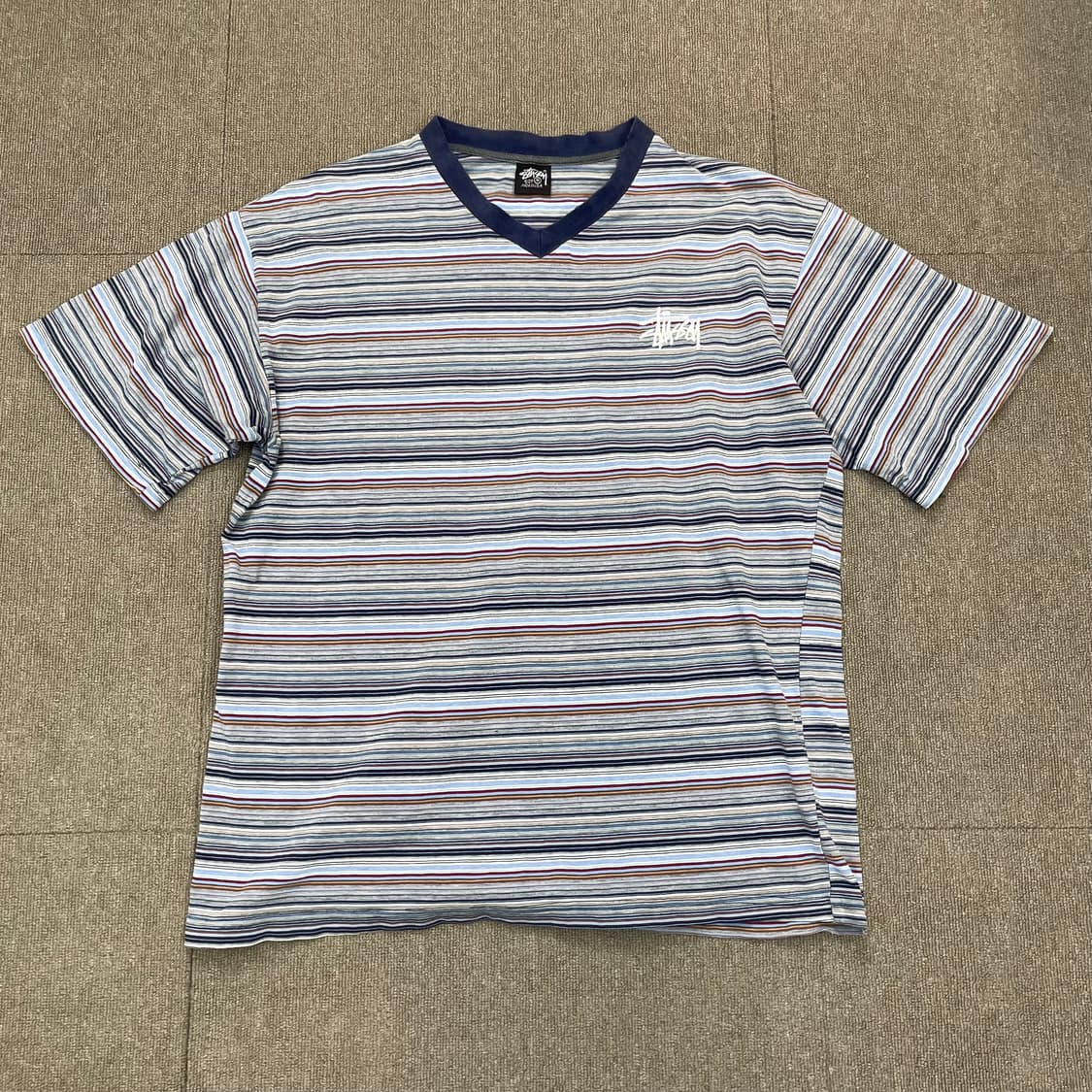 90s stussy made in usa 스투시 스트라이프 브이넥 티셔츠 상품이미지1
