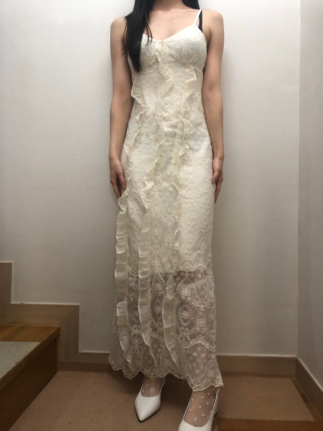 빈티지 아이보리 프릴 레이스 롱 원피스 상품이미지1