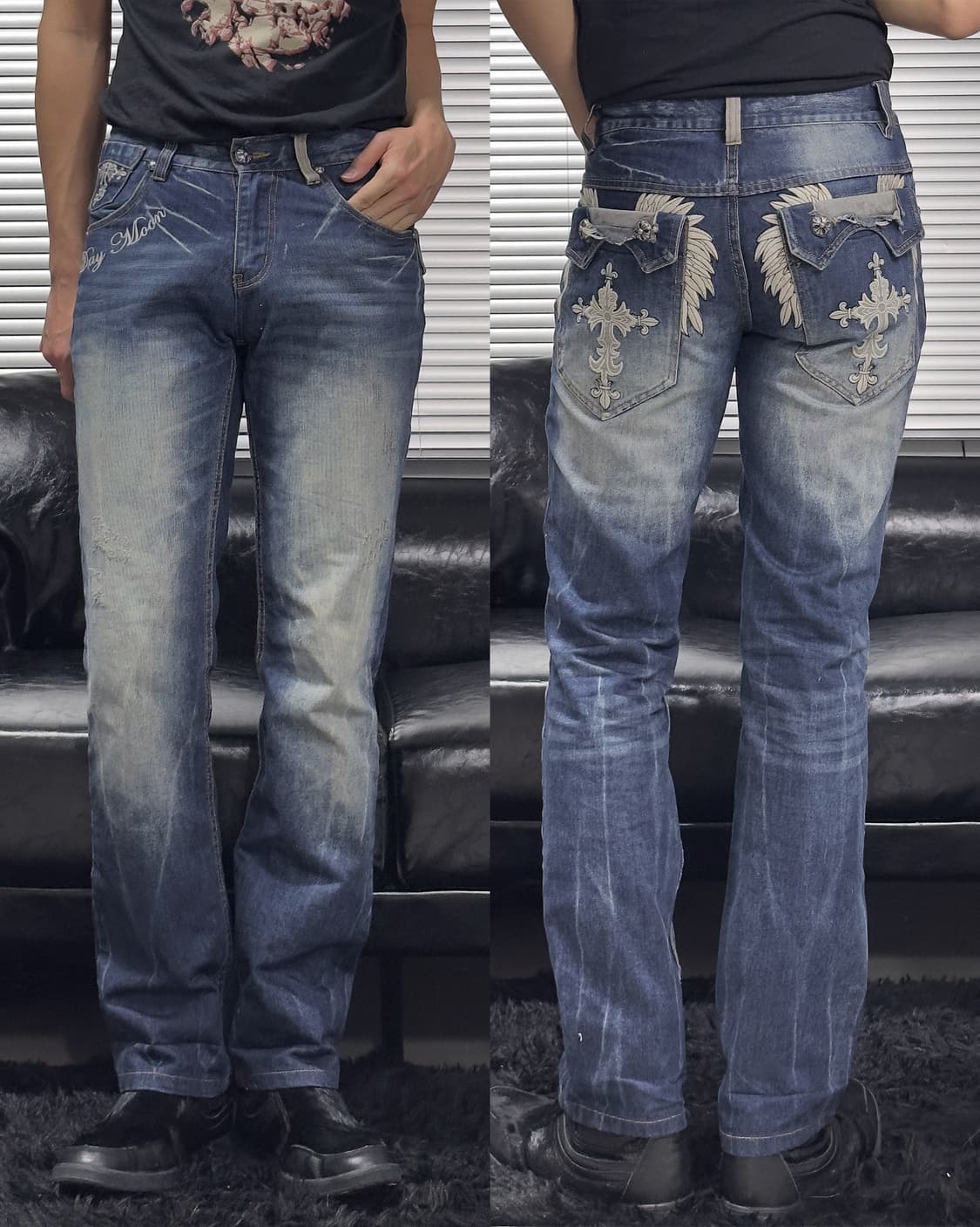 {Day Moon} Wing Cross Embroidery Jeans   상품이미지1